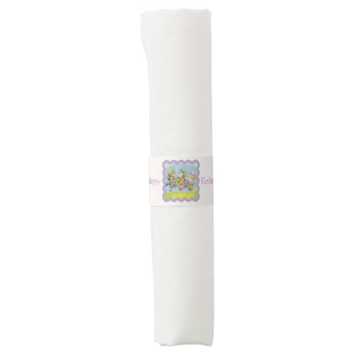 Happy Easter White Bunnies Running Baskets Eggs Napkin Bands