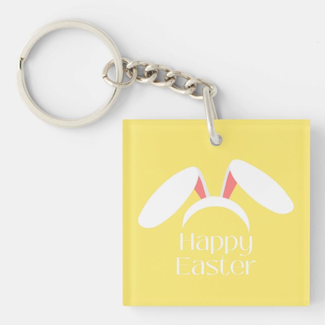 Happy Easter white bunny ears Keychain (Front)