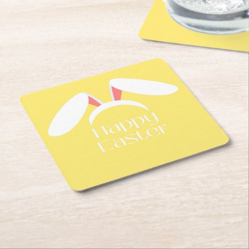 Happy Easter white bunny ears Square Paper Coaster