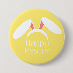 Happy Easter white bunny ears yellow Button