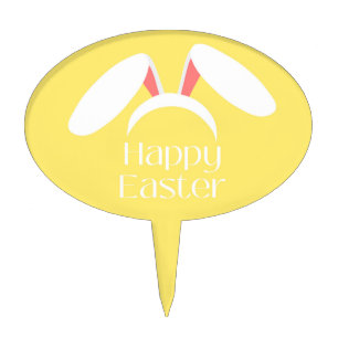 Happy Easter white bunny ears yellow Cake Topper