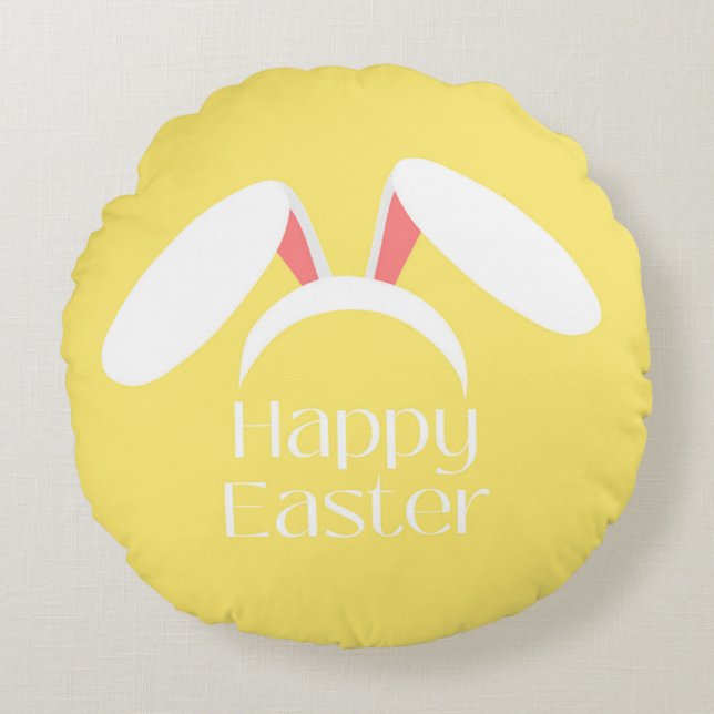 Happy Easter white bunny ears yellow Round Pillow (Front)