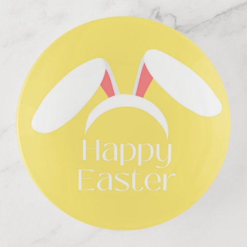 Happy Easter white bunny ears yellow Trinket Tray