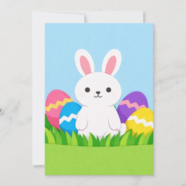 Happy Easter White Bunny Easter Eggs Blue Sky Holiday Card (Front)