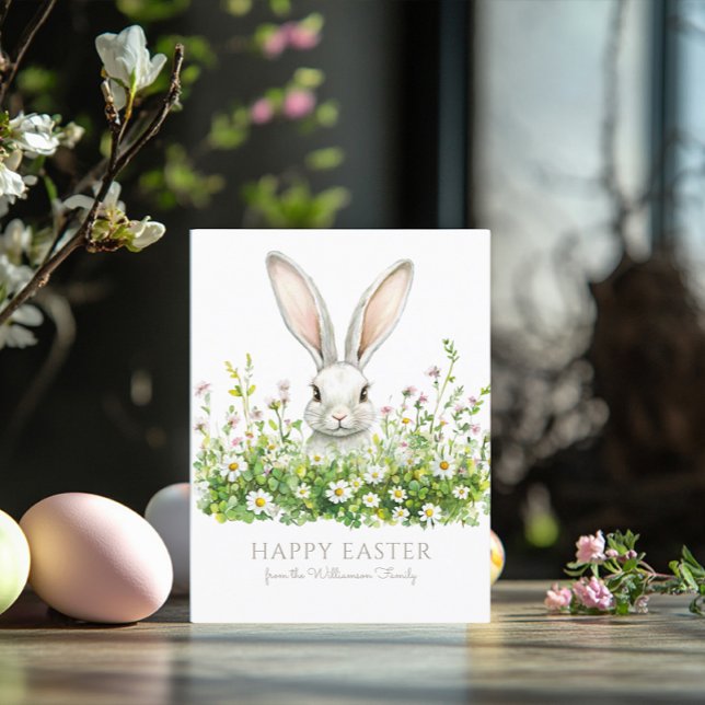 Happy Easter White Bunny Florals Personalized Card (Creator Uploaded)