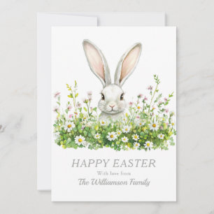 Happy Easter White Bunny Florals Personalized Holiday Card