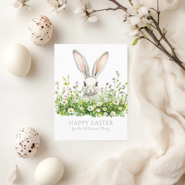 Happy Easter White Bunny Florals Personalized Holiday Postcard (See the collection for matching items)