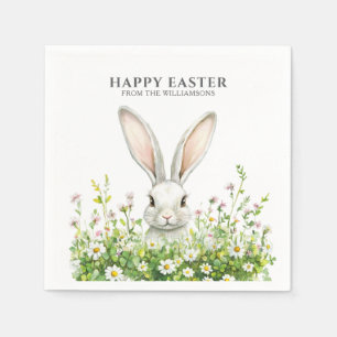 Happy Easter White Bunny Florals Personalized Napkins