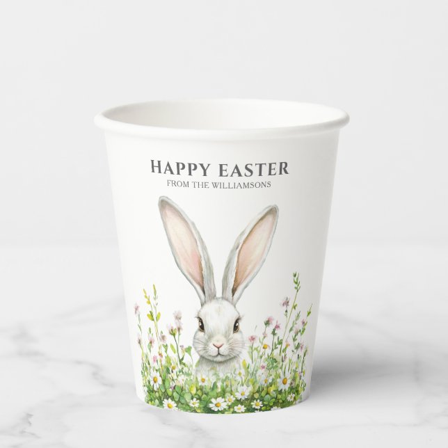 Happy Easter White Bunny Florals Personalized Paper Cups (Front)