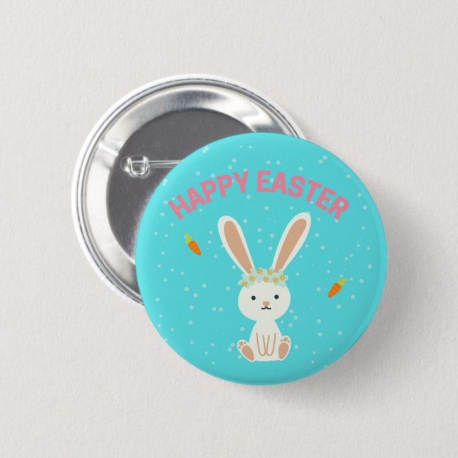 Happy Easter white bunny on blue Button (Front & Back)