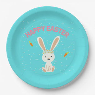 Happy Easter white bunny on blue Paper Plates