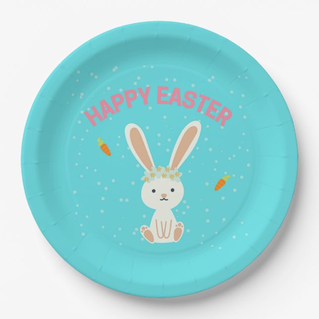 Happy Easter white bunny on blue Paper Plates (Front)