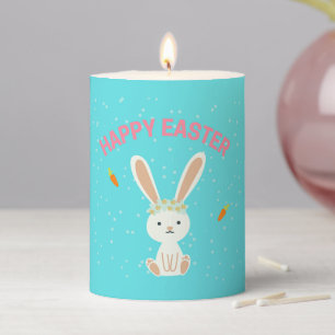 Happy Easter white bunny on blue Pillar Candle