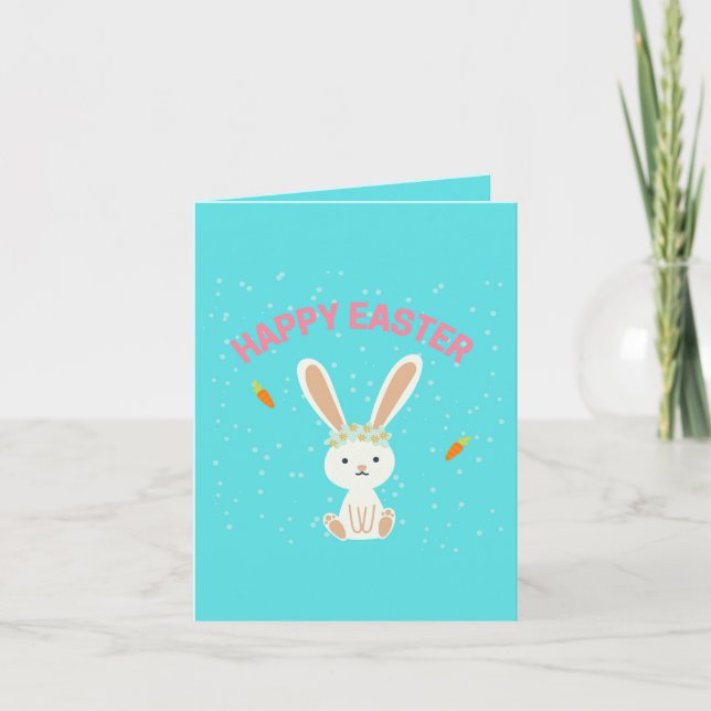 Happy Easter white bunny on blue Thank You Card (Front)