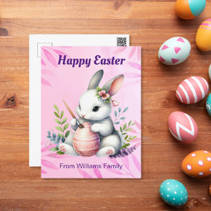 Happy Easter, White Bunny Painting an Easter egg Holiday Postcard