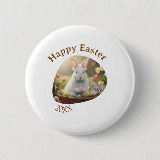 Happy Easter white bunny year photo family name Button