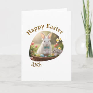 Happy Easter white bunny year photo family name Card