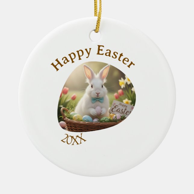 Happy Easter white bunny year photo family name  Ceramic Ornament (Front)