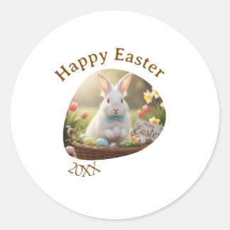 Happy Easter white bunny year photo family name Classic Round Sticker