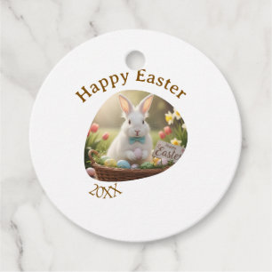 Happy Easter white bunny year photo family name Favor Tags