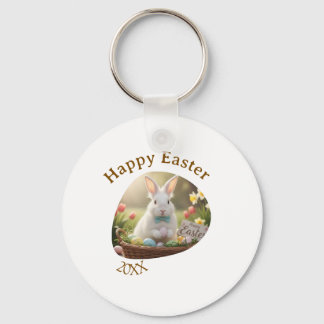 Happy Easter white bunny year photo family name Keychain