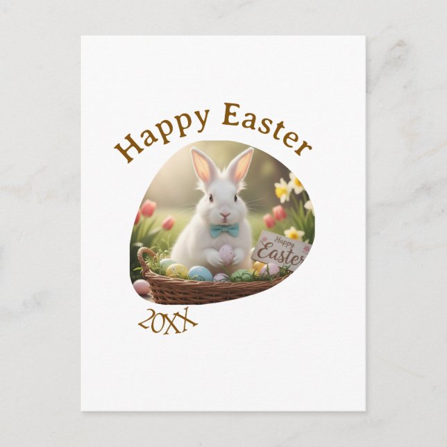 Happy Easter white bunny year photo family name  Postcard (Front)