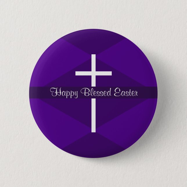 Happy Easter White Cross Purple Christian Button (Front)