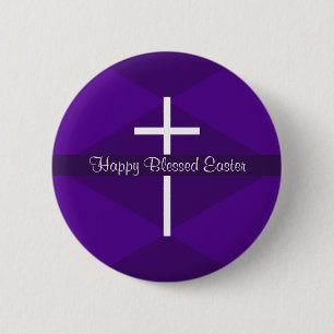Happy Easter White Cross Purple Christian Button