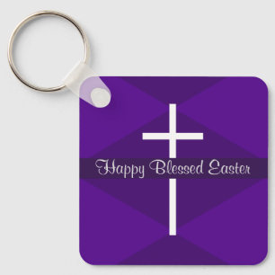 Happy Easter White Cross Purple Christian Keychain