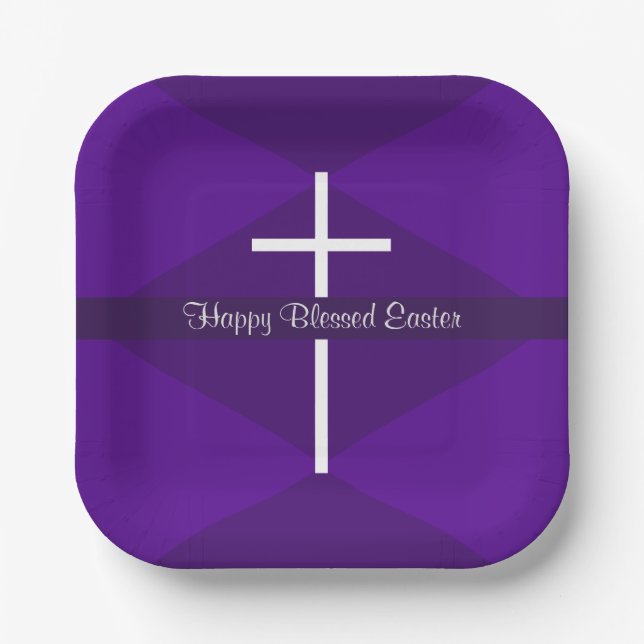 Happy Easter White Cross Purple Christian Paper Plates (Front)