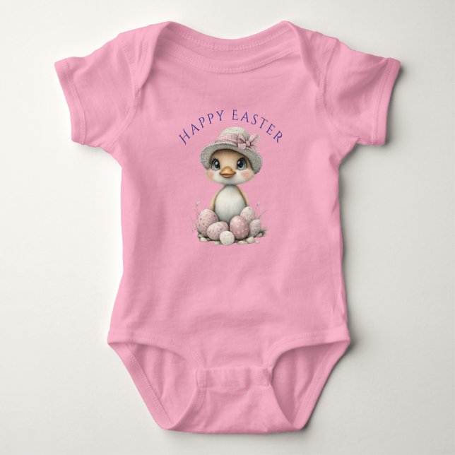 Happy Easter White Duck Bonnet Eggs Baby Bodysuit (Front)