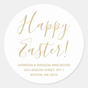 Happy Easter white gold script return address Classic Round Sticker