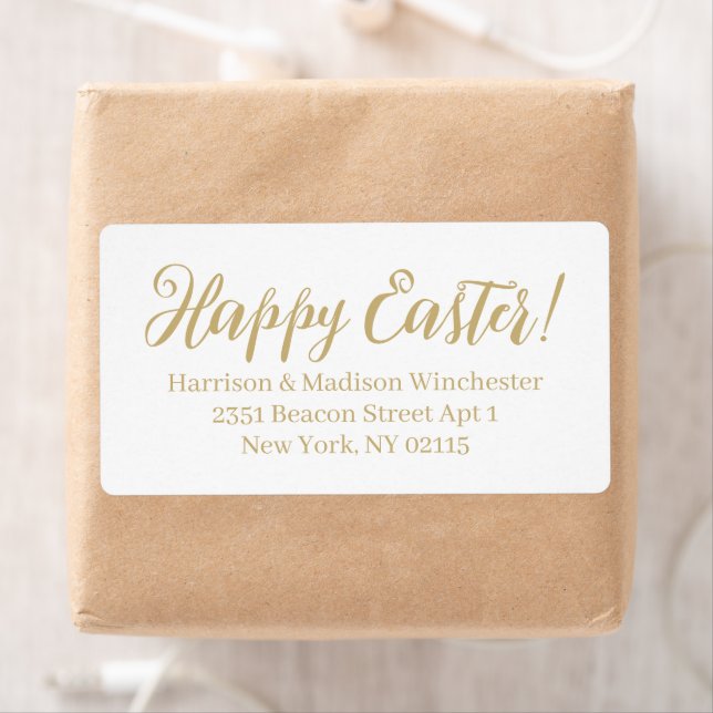Happy Easter white gold script Return Address Label (Insitu)