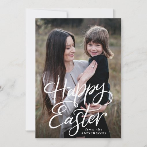 Happy Easter White Hand-Lettered Script Photo Holiday Card | Zazzle