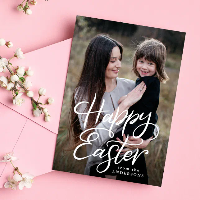 Happy Easter White Hand-Lettered Script Photo Holiday Card | Zazzle