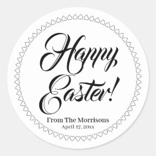 Happy Easter white hearts border custom script Classic Round Sticker