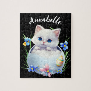 Happy Easter White Kitten with Flowers Jigsaw Puzzle