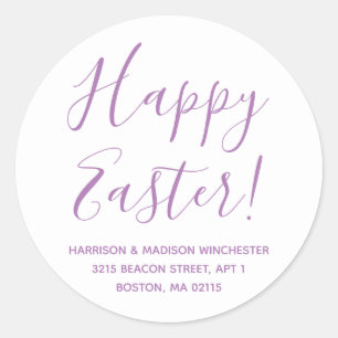 Happy Easter white lavender script return address Classic Round Sticker