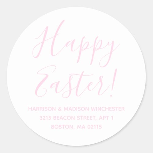 Happy Easter white pink script return address Classic Round Sticker