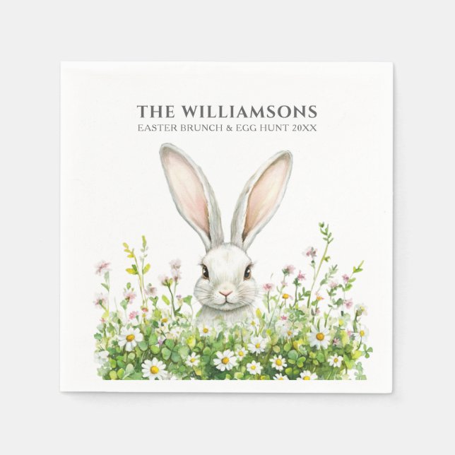 Happy Easter White Rabbit Florals Personalized Napkins (Front)