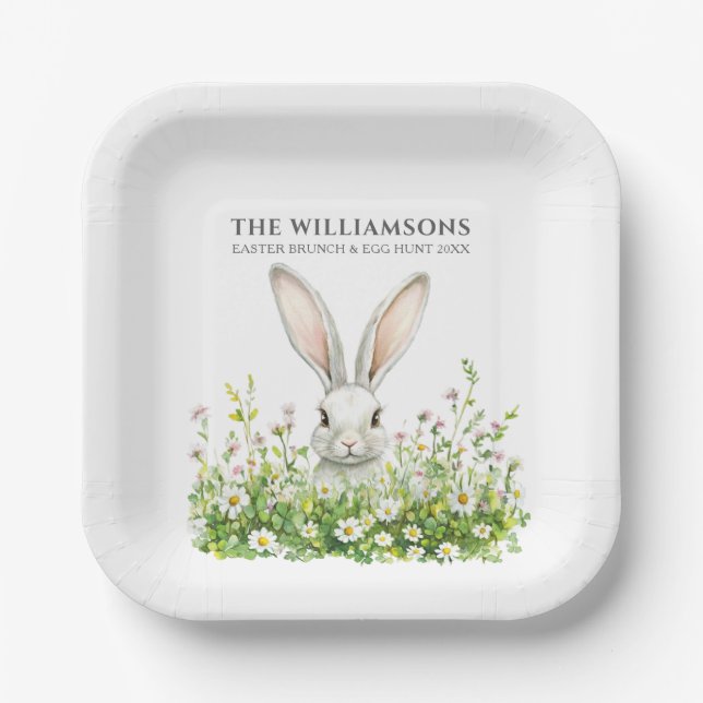 Happy Easter White Rabbit Florals Personalized Paper Plates (Front)