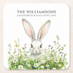 Happy Easter White Rabbit Florals Personalized Square Paper Coaster