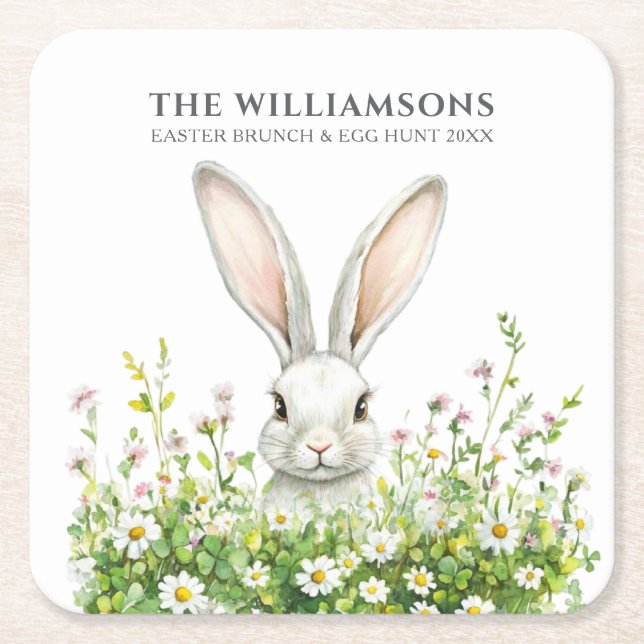 Happy Easter White Rabbit Florals Personalized Square Paper Coaster (Front)