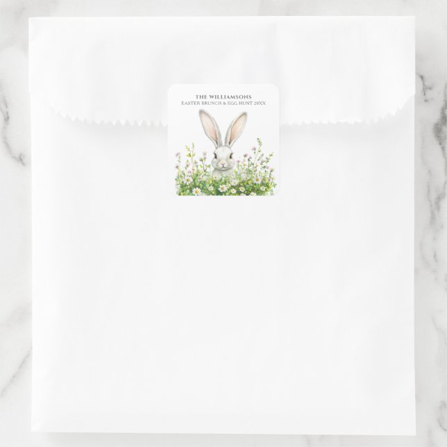 Happy Easter White Rabbit Florals Personalized Square Sticker (Bag)