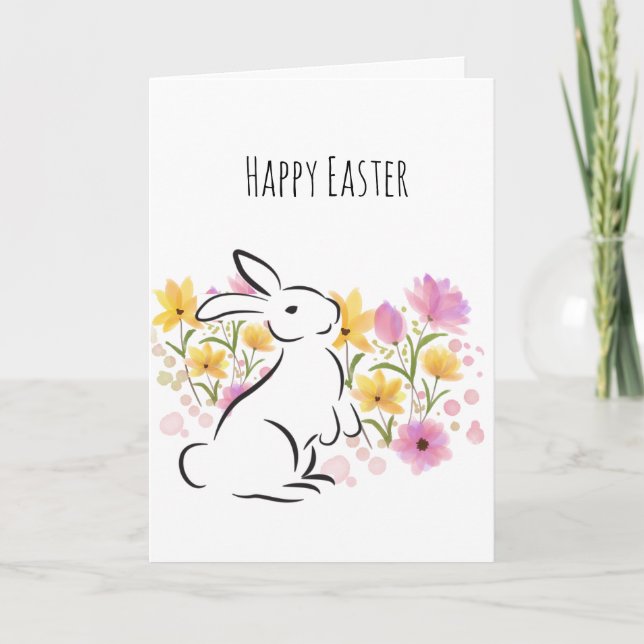 Happy Easter White Rabbit Flowers Blank Card (Front)