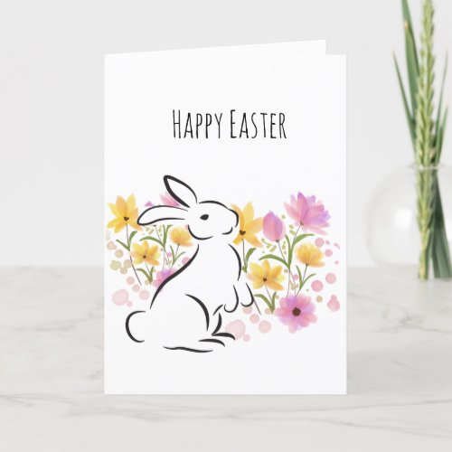 Happy Easter White Rabbit Flowers Blank Card