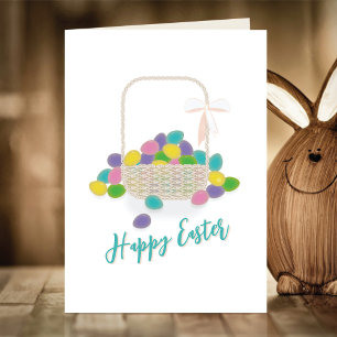 Happy Easter Wicker Basket &  Pastel Eggs Spring Holiday Card