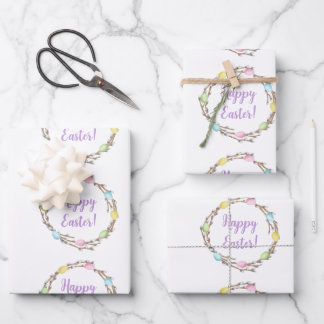 Happy Easter Willow Wreath With Pastel Eggs Wrapping Paper Sheets