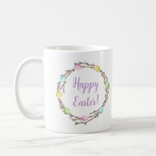 Happy Easter Willow Wreaths With Pastel Eggs Coffee Mug