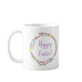 Happy Easter Willow Wreaths With Pastel Eggs Coffee Mug